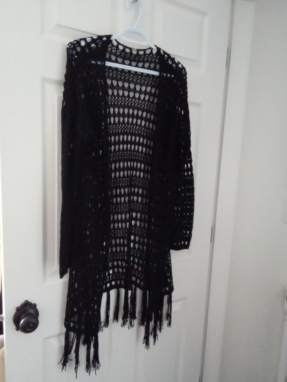 Black Open-Knit Fringe Women's Long Sleeve Sweater Cardigan Medium